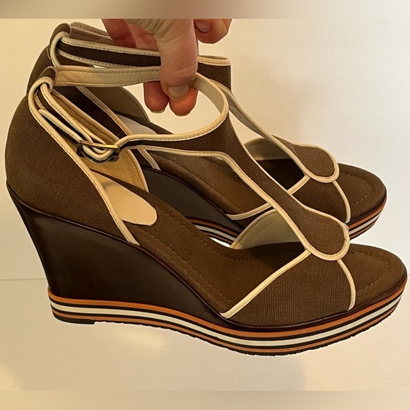 Cole Haan G Series Brown Canvas Stripes Peep Toe Wedge Heel Sandal - Picture 16 of 17